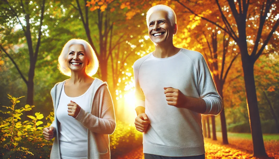 An elderly couple jogging together in a scenic park during autumn, exuding vitality and well-being, symbolizing the benefits of staying active while aging gracefully.