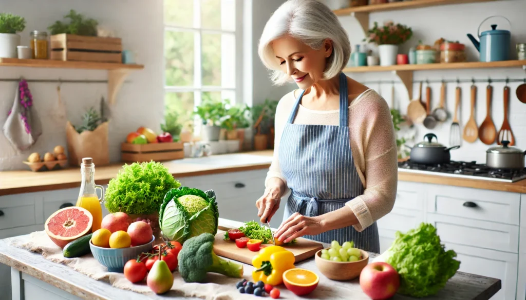A senior woman preparing a vibrant, nutrient-rich meal in a bright, modern kitchen, emphasizing the importance of healthy eating for ageing gracefully.