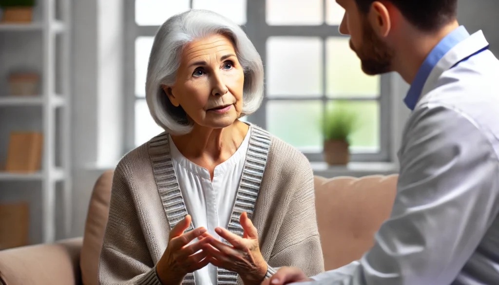 An elderly woman engages in a counseling session with a compassionate therapist in a bright, inviting room, representing effective treatment strategies for depression in elderly people.