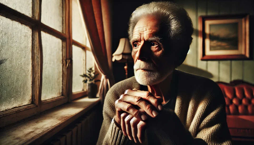 An elderly man with wrinkled hands sits by a dimly lit window, staring outside with a distant expression. The warm sunlight filters through the curtains, casting a glow on his thoughtful face, conveying isolation and emotional distress in seniors.