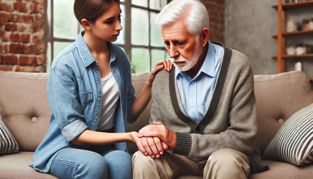 A younger family member gently holds an elderly man's hand at home, offering comfort and empathy, illustrating the importance of recognizing and addressing depression in seniors.