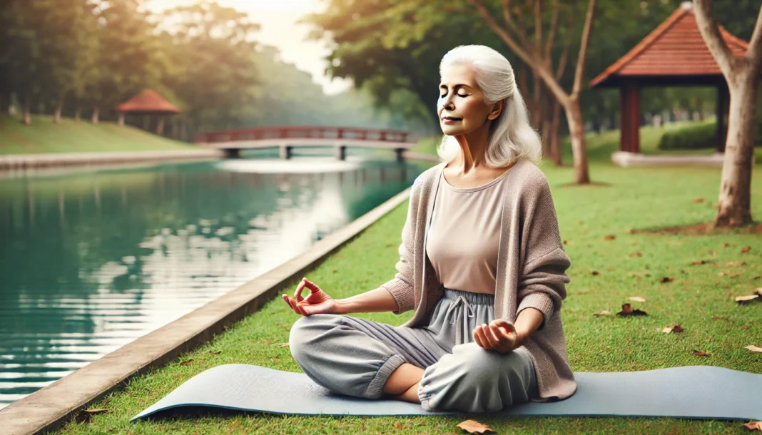 An elderly woman meditating by a peaceful lake, illustrating the importance of stress management for mental well-being.