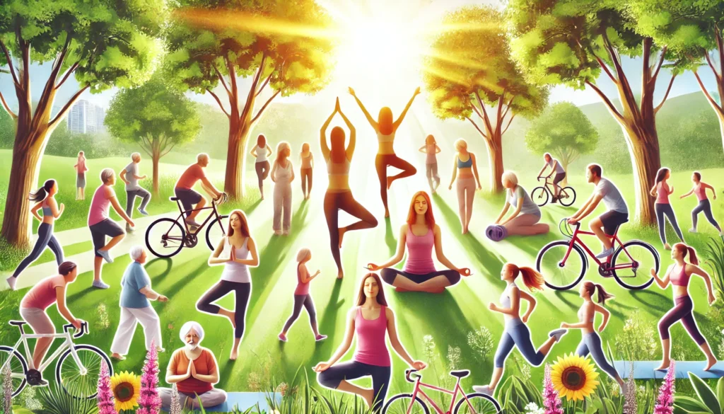 A diverse group of women engaging in outdoor activities like yoga, jogging, and cycling in a lush green park, symbolizing the role of an active lifestyle in enhancing women's life expectancy.