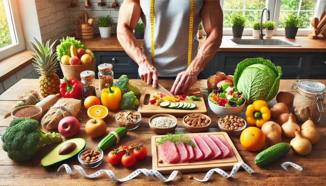 A fitness-oriented kitchen scene with a wooden countertop displaying fresh ingredients for a weight loss diet, including lean meats, colorful vegetables, whole grains, nuts, and fruits, with a man's hands preparing a nutritious meal.