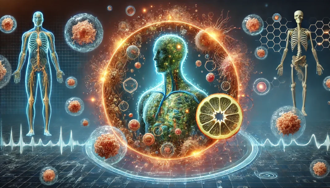 A futuristic digital artwork illustrating autophagy, showing human cells undergoing self-cleaning and regeneration, emphasizing fasting’s role in longevity and cellular health.