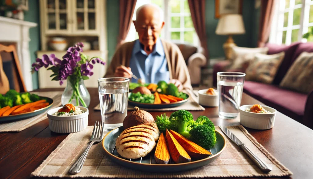 A nutritious home-cooked meal featuring grilled chicken, roasted sweet potatoes, steamed broccoli, and a glass of water, served in a cozy, well-lit dining room, emphasizing balanced senior nutrition.