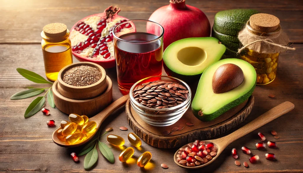A natural and organic display of anti-aging foods, featuring fresh avocado slices, a bowl of flaxseeds, a glass of pomegranate juice, and vitamin D capsules. The warm, wooden setting highlights the importance of nutrition for longevity.