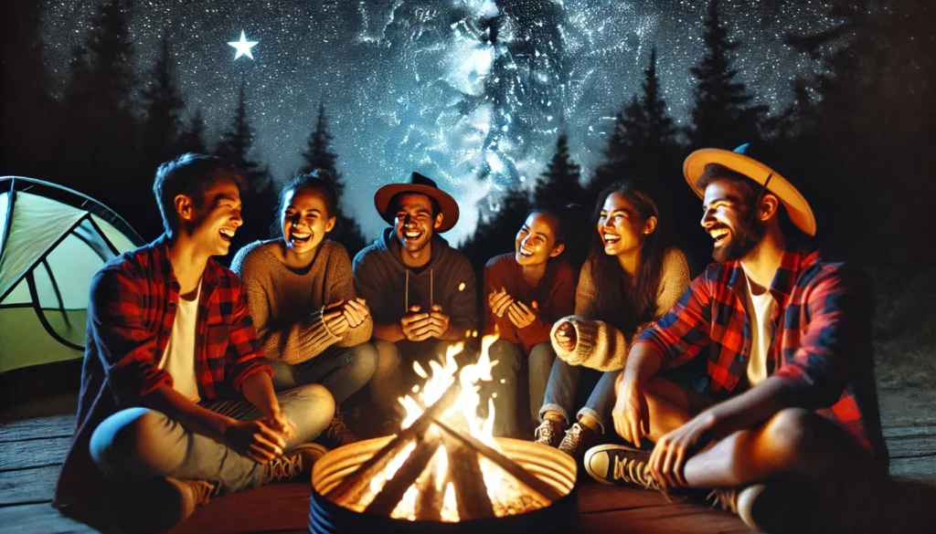 A diverse group of friends gathers around a glowing campfire in the wilderness, sharing laughter and warmth under a star-filled night sky. The fire’s glow illuminates their faces, symbolizing community support, emotional strength, and resilience through social connection.