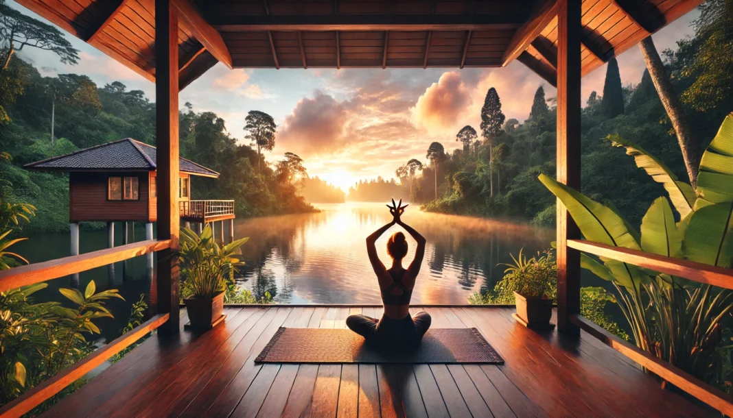 A peaceful outdoor yoga session at sunrise on a wooden deck overlooking a tranquil lake, surrounded by lush greenery and warm sky tones, symbolizing relaxation and mindfulness in self-care.