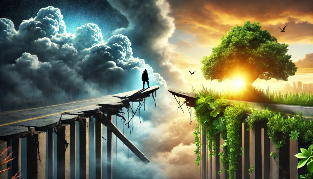 A person stands at the edge of a broken bridge, preparing to leap toward a lush landscape ahead. The sky is divided between dark clouds and sunlight, symbolizing the journey from struggle to success.