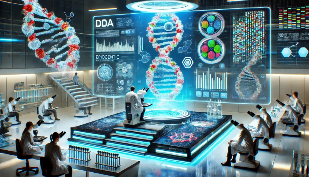 A futuristic laboratory where scientists analyze DNA samples using high-tech microscopes, with digital screens displaying colorful epigenetic data and molecular structures, symbolizing the precision of biological age tests.