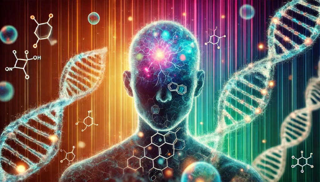 A human silhouette overlaid with glowing DNA strands and cellular structures, set against a gradient background transitioning from youth to aging, representing the passage of time and health risks.