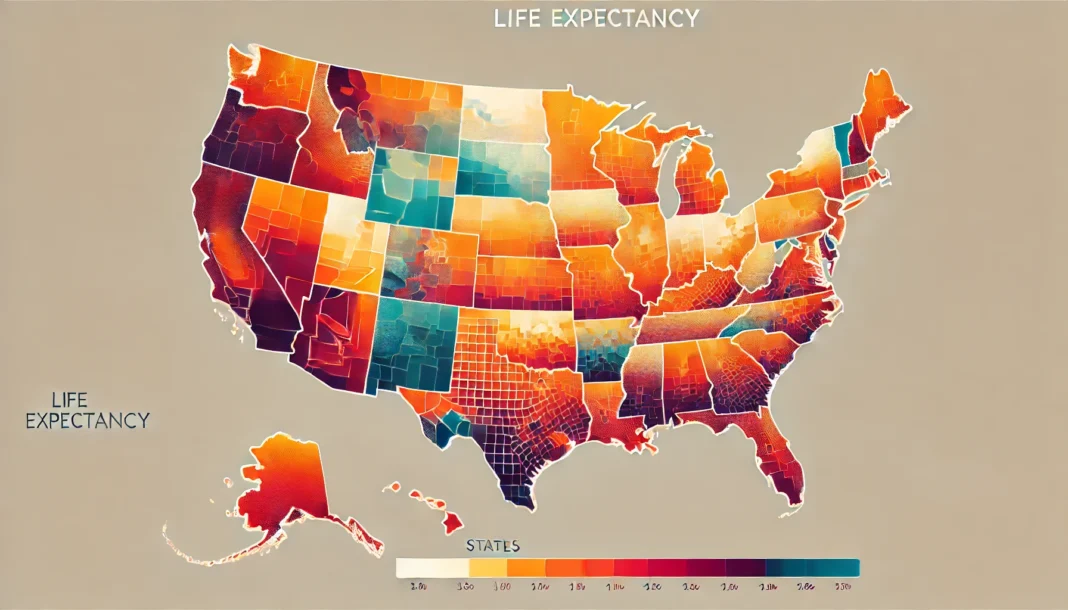 A color-coded map of the United States visualizing life expectancy variations, with states displaying a gradient from warm, vibrant tones for higher longevity to cooler, subdued hues for lower life expectancy.