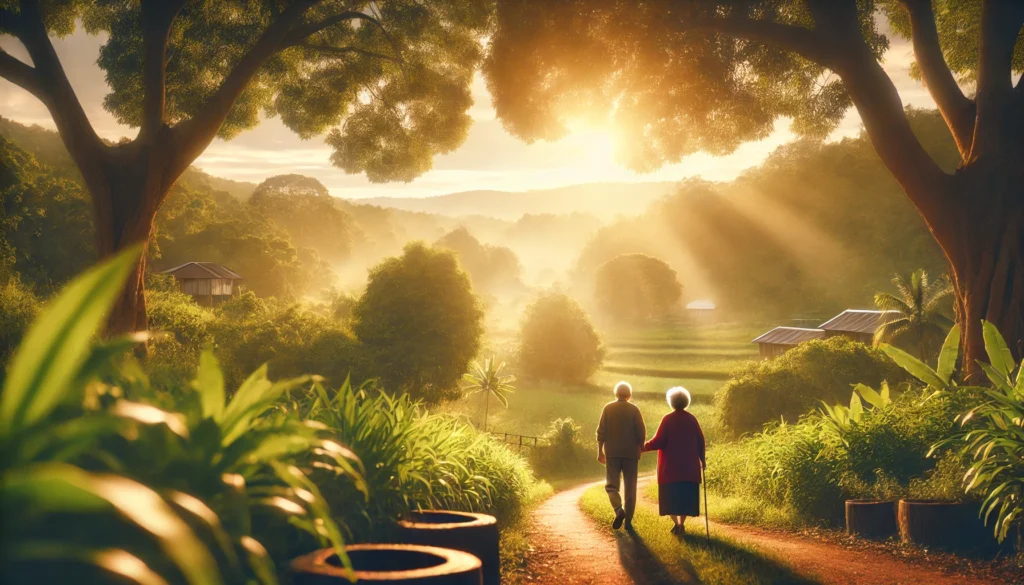 A peaceful rural landscape featuring an elderly couple walking along a scenic path, surrounded by lush greenery and fresh air, symbolizing a high-life-expectancy environment.