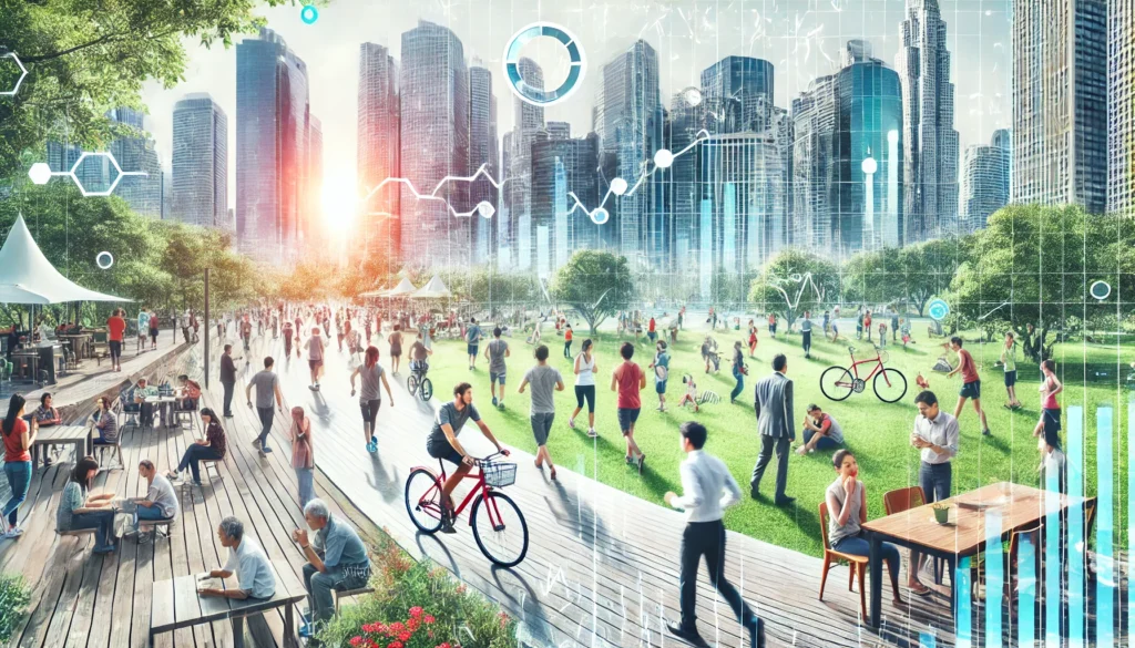 A bustling city park where diverse individuals engage in outdoor activities like jogging, cycling, and socializing, representing an urban setting associated with longer life expectancy.