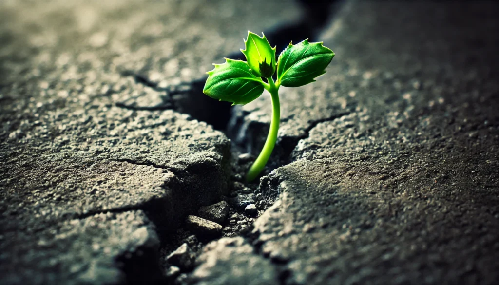 A small sprout emerging through a crack in concrete, illustrating resilience, determination, and the ability to grow despite adversity.