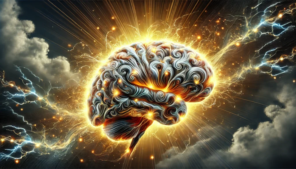 An illuminated human brain made of intricate, glowing neural pathways emerges from a turbulent storm. The neural connections pulse with golden energy, signifying neuroplasticity and the brain’s resilience in overcoming challenges. The dark clouds part to reveal a vibrant sky, symbolizing cognitive adaptability and mental strength.