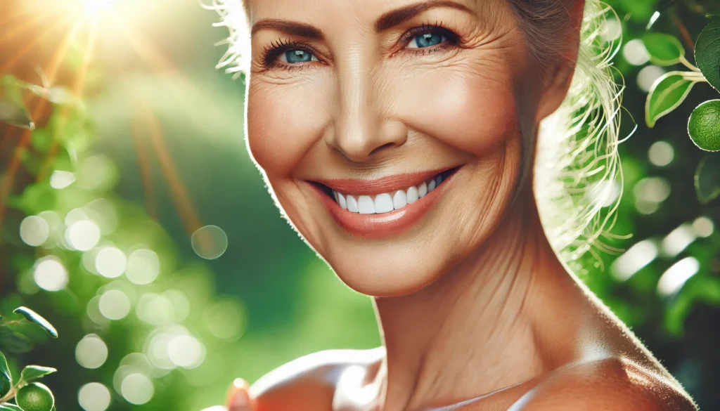 A mature woman with radiant, even-toned skin, smiling in natural sunlight. The soft-focus background of greenery symbolizes skin wellness and the effects of vitamins on reducing age spots and dark spots.