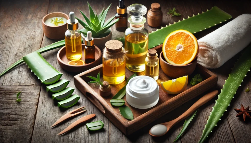 A serene skincare scene with natural oils and creams in glass jars, placed on a wooden spa tray alongside fresh aloe vera leaves and citrus slices. The composition suggests a nourishing skincare routine that helps maintain even-toned skin after 50.