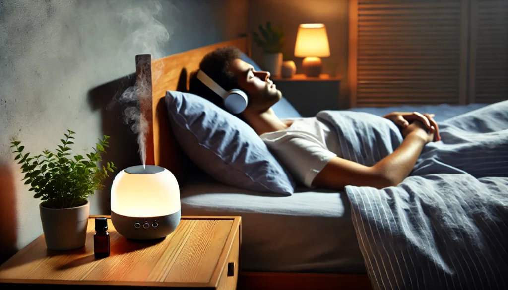 A serene bedroom scene with a person lying in bed, eyes closed, listening to calming music through headphones. A diffuser releases a gentle mist of essential oils beside them, enhancing the peaceful environment for winding down before bed.
