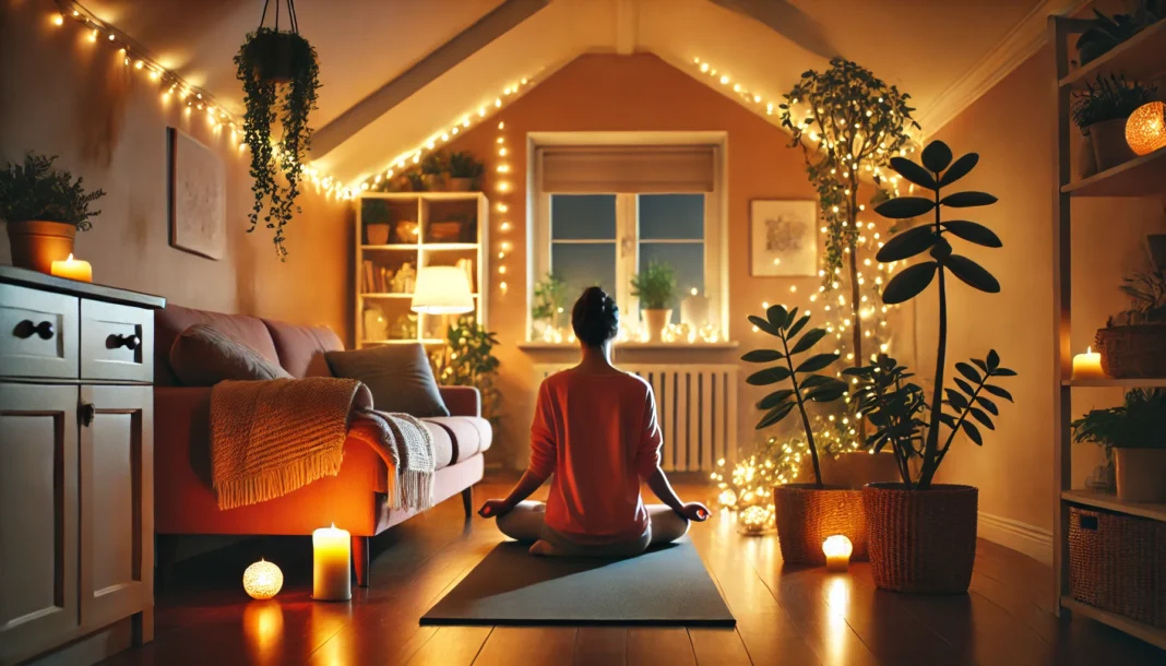 A cozy living room with soft lighting, where a person sits cross-legged on a yoga mat, practicing meditation. Fairy lights and houseplants add to the relaxing atmosphere, promoting a mindful wind-down routine before sleep.
