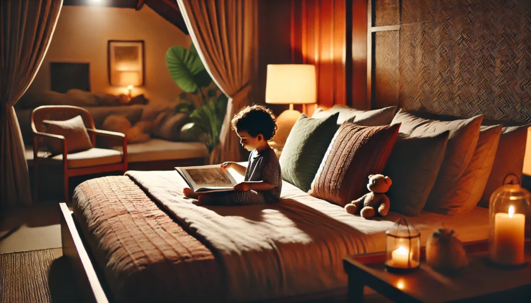 A cozy bedroom where a toddler sits on a bed, reading a bedtime story with a parent. The room is softly lit, with plush pillows and blankets enhancing a tranquil nighttime atmosphere that promotes a structured sleep routine.