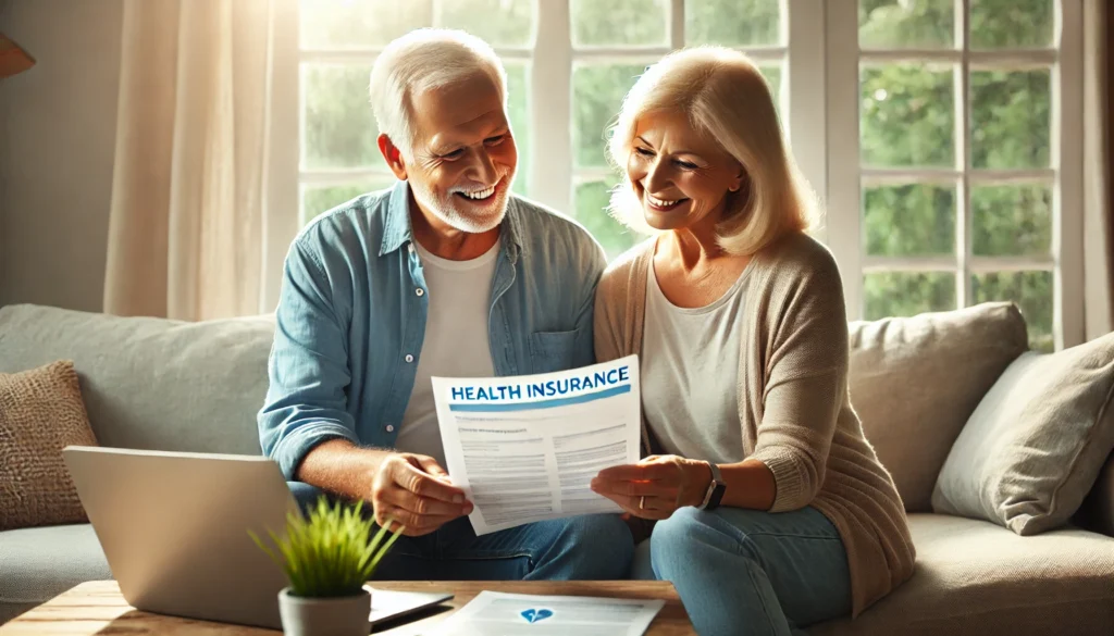 A senior couple in a cozy home setting, smiling while reviewing health insurance documents together with a laptop open on the coffee table.