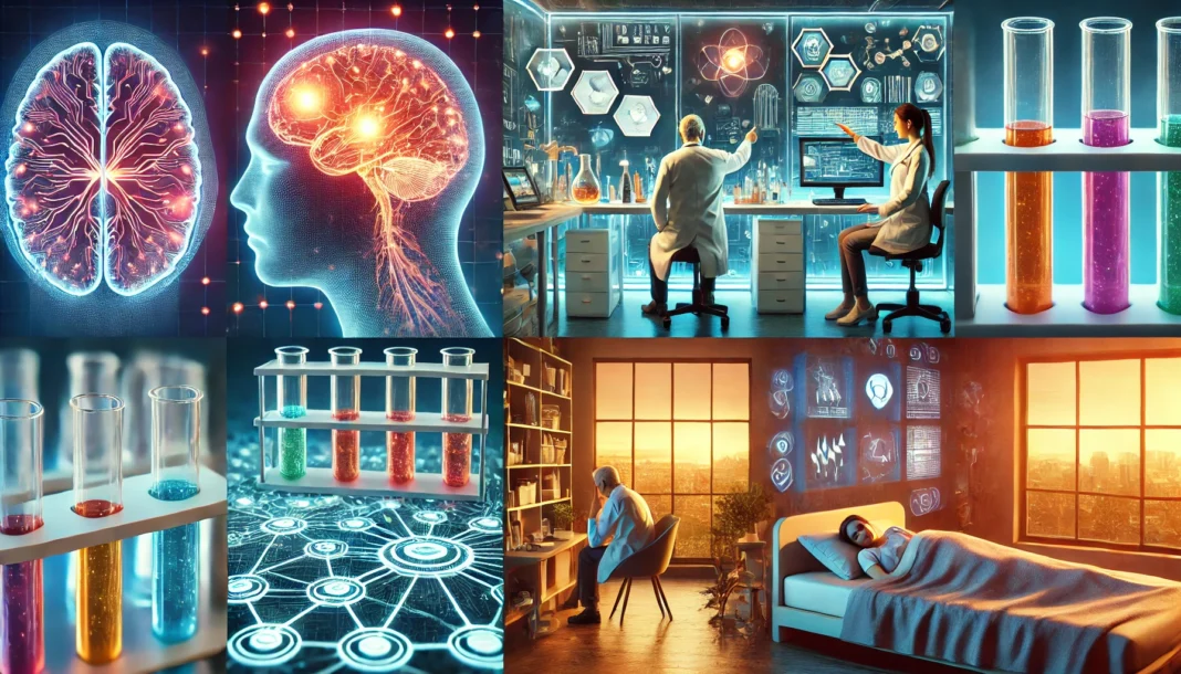 A futuristic medical laboratory where scientists are developing new narcolepsy medications. The scene features advanced technology, glowing test tubes, and a high-tech research environment, symbolizing innovation in pharmaceutical treatments.