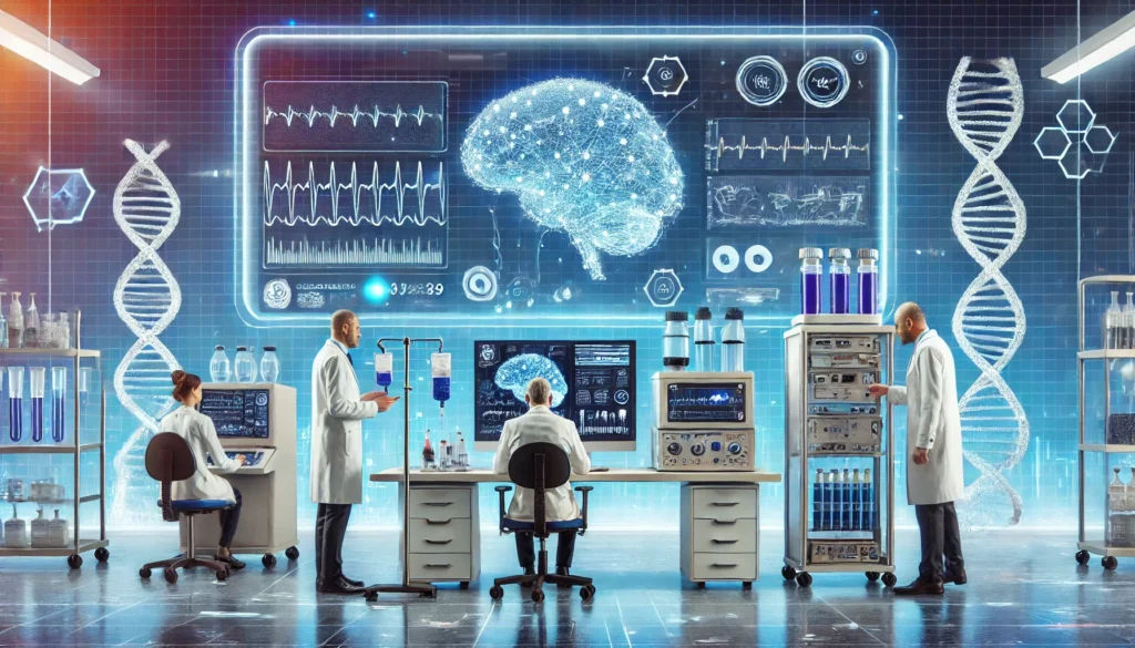 A futuristic laboratory where scientists are researching advanced treatments for narcolepsy. The setting includes high-tech medical equipment, a digital screen displaying brain activity, and researchers in lab coats analyzing data.