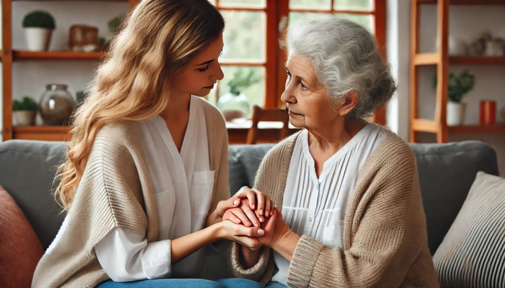A heartfelt moment between a daughter and her elderly mother with dementia, as they hold hands and share an emotional connection in a warm home setting, highlighting family support and care.