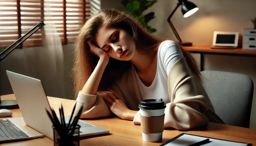 A young woman sitting at her work desk, looking extremely fatigued with her head resting on one hand and a coffee cup in the other, symbolizing exhaustion and difficulty staying awake.