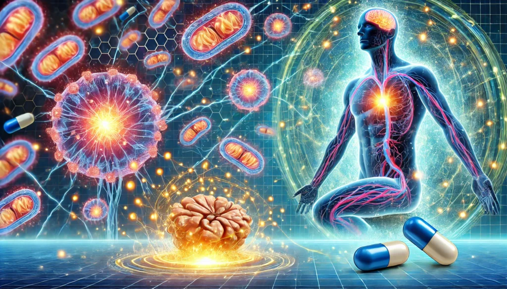 A scientific visualization of energy-boosting medication enhancing mitochondrial function, depicting glowing cells and revitalized neural activity