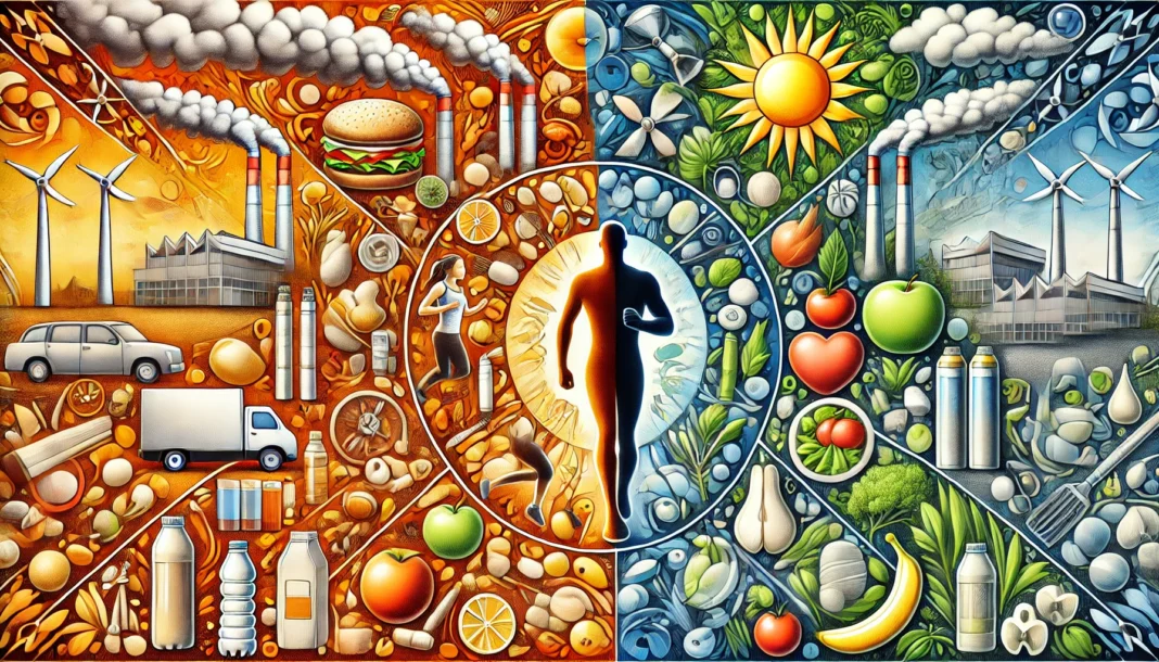 An artistic depiction of environmental and lifestyle cancer risk factors, visually contrasting pollution, smoking, and unhealthy food with exercise, a balanced diet, and clean air to highlight prevention strategies.