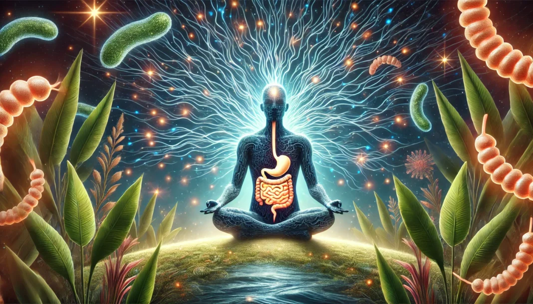 A visually striking depiction of a person meditating with a glowing gut microbiome, radiating neural pathways leading to a calm, illuminated brain. Natural elements like plants and water surround the figure, symbolizing balance, emotional stability, and the connection between gut health and mental well-being.