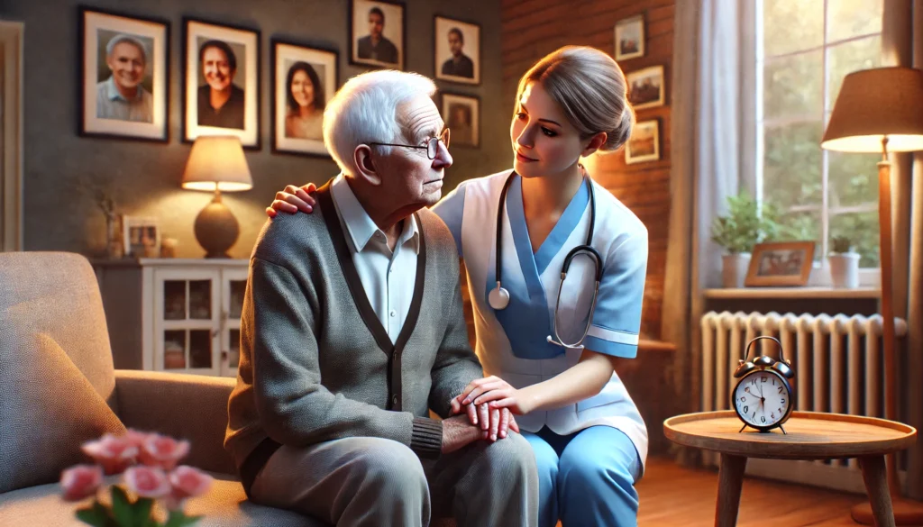A caring nurse assisting an elderly man with Alzheimer's in a warm, cozy living room, emphasizing compassionate care for cognitive decline.
