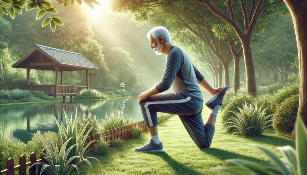 An elderly man performing gentle yoga stretches in a serene outdoor garden to maintain mobility and joint health.