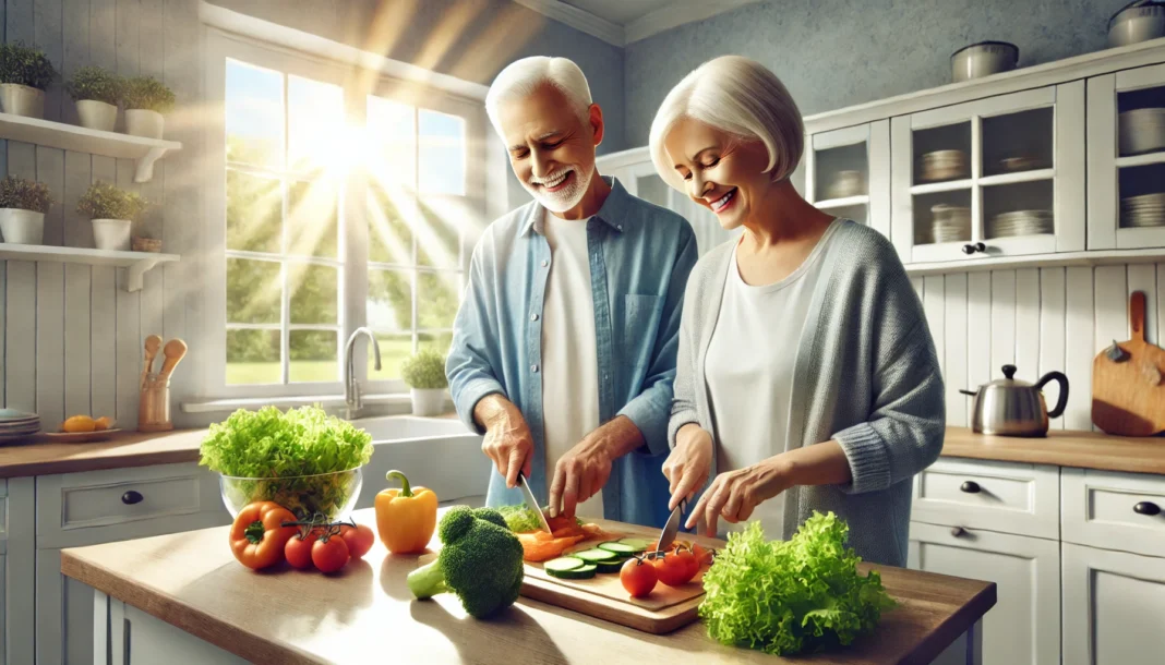 An elderly couple cooking a healthy meal together in a bright, modern kitchen, highlighting the importance of balanced nutrition in aging.