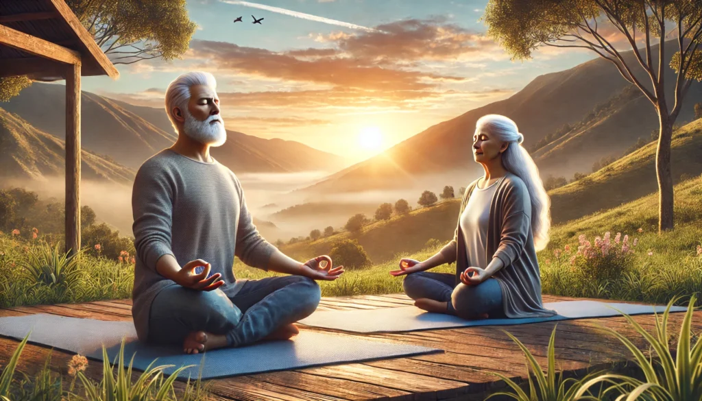 An elderly man and woman practicing mindfulness meditation in a peaceful outdoor setting at sunset, symbolizing relaxation, stress management, and mental well-being in aging.