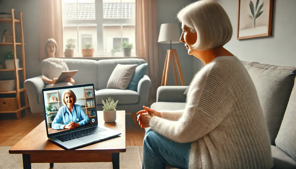 Senior woman engaged in a virtual counseling session on a laptop in a peaceful home office, symbolizing remote support for aging.
