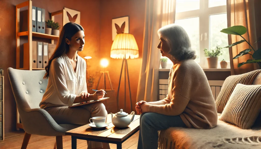 Compassionate counselor sitting with an elderly woman in a cozy therapy room, offering emotional support and guidance for aging-related concerns.