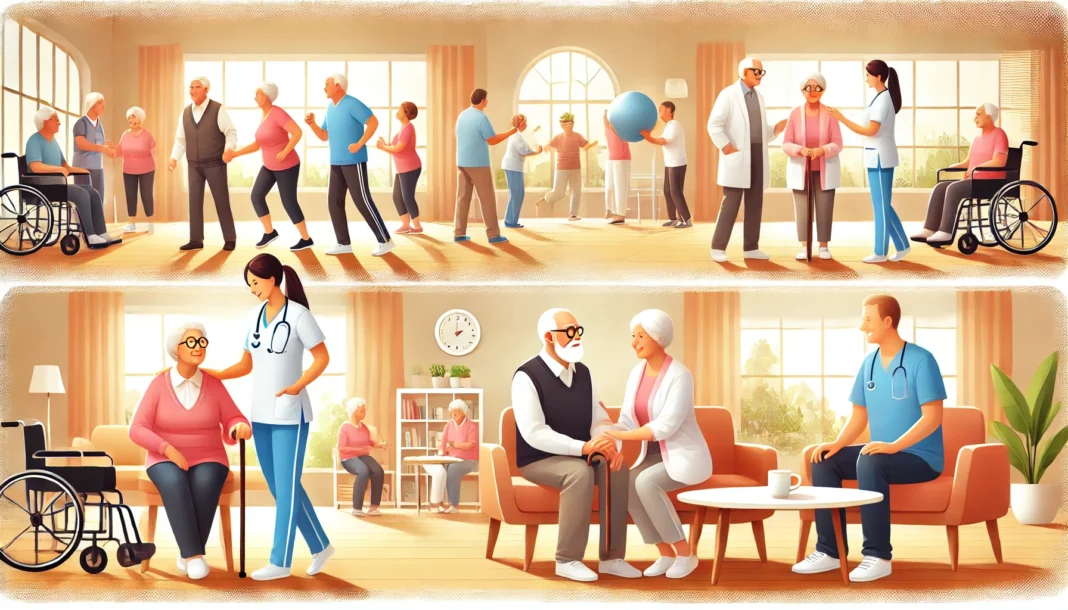 A welcoming community center where seniors engage in exercise, social interaction, and healthcare consultations, representing holistic support for aging and longevity.