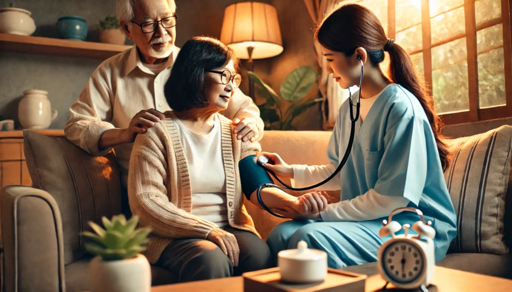 An elderly individual receiving home healthcare assistance in a warm and supportive environment, showcasing the importance of aging in place and compassionate caregiving.