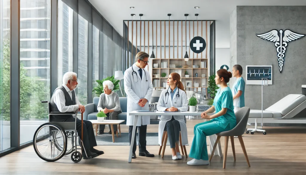 A senior wellness center where healthcare professionals provide consultations and guidance on longevity, nutrition, and medical care, ensuring comprehensive support for aging individuals.