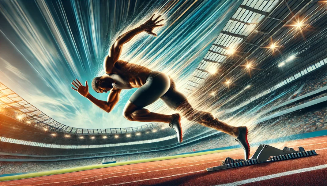 A sprinter exploding off the starting blocks on a professional track, showcasing raw speed and power. The background features a stadium with motion blur, emphasizing acceleration and sprint performance.