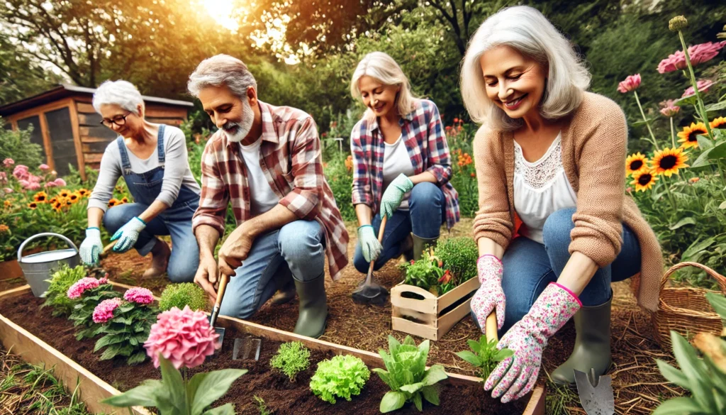 A group of seniors actively participating in a gardening activity in a vibrant community garden, planting flowers and vegetables while enjoying the outdoors and fostering social connections.