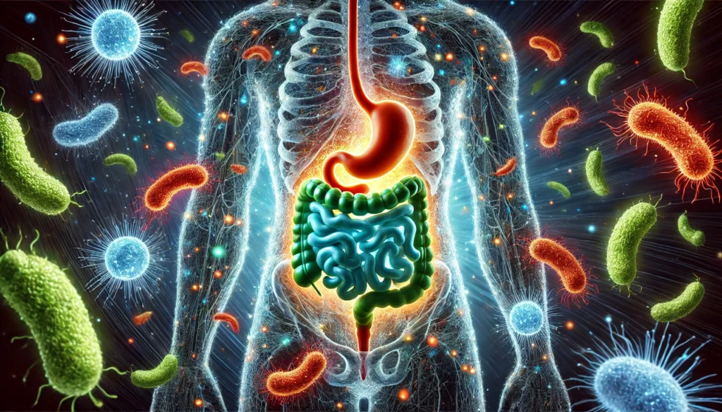 A conceptual digital illustration of a glowing human digestive system surrounded by beneficial blue and green bacteria attacking harmful red bacteria. The image represents the natural balance of gut flora and the role of good microbes in eliminating bad bacteria.
