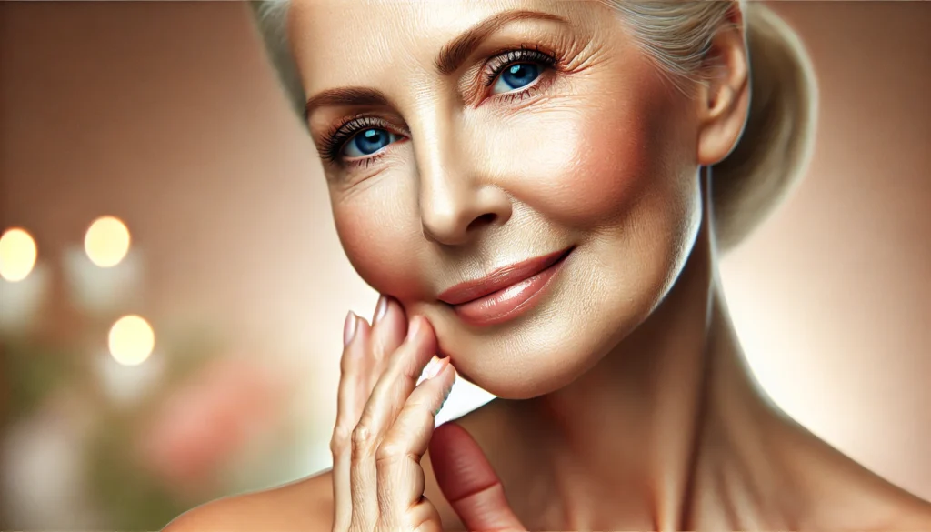 A close-up of a radiant, mature woman with smooth, hydrated skin, gently touching her face. The soft, warm background enhances the sense of natural beauty and skin health, emphasizing the benefits of proper skincare and nutrition for aging skin.