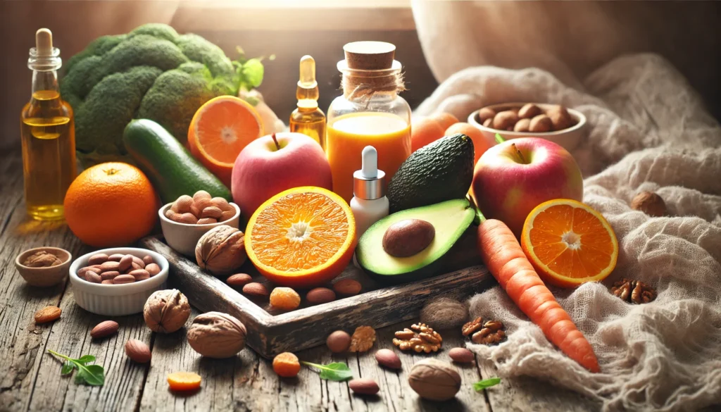 A serene still life featuring a selection of fresh fruits and vegetables rich in skin-nourishing vitamins, including oranges, avocados, carrots, and nuts. The soft natural lighting highlights their vibrant colors, symbolizing the power of a vitamin-rich diet in promoting youthful, hydrated skin.