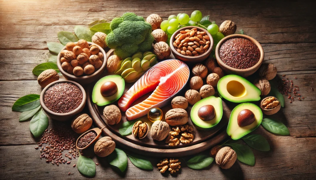 A vibrant display of omega-rich foods, such as salmon, walnuts, flaxseeds, and avocados, artfully arranged on a rustic wooden surface. The natural lighting highlights their rich textures and colors, emphasizing their role in maintaining skin elasticity, hydration, and overall health.