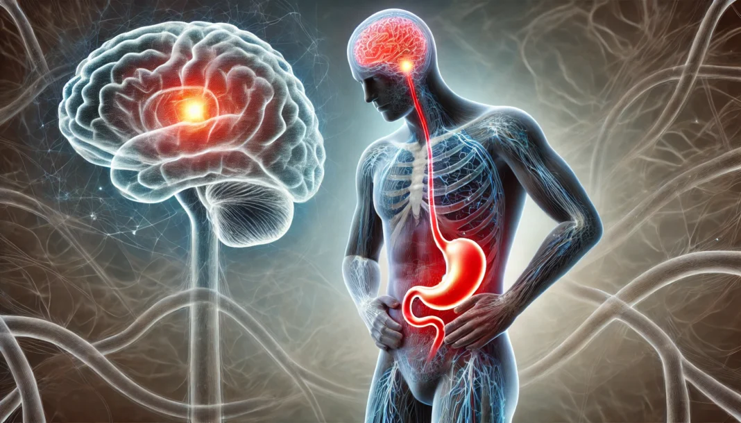 A detailed medical illustration showing the connection between stress, anxiety, and stomach pain. The image highlights the gut-brain axis with neural pathways linking a glowing brain and digestive system. The stomach area is illuminated in red, symbolizing pain and discomfort, while the background features abstract stress patterns.